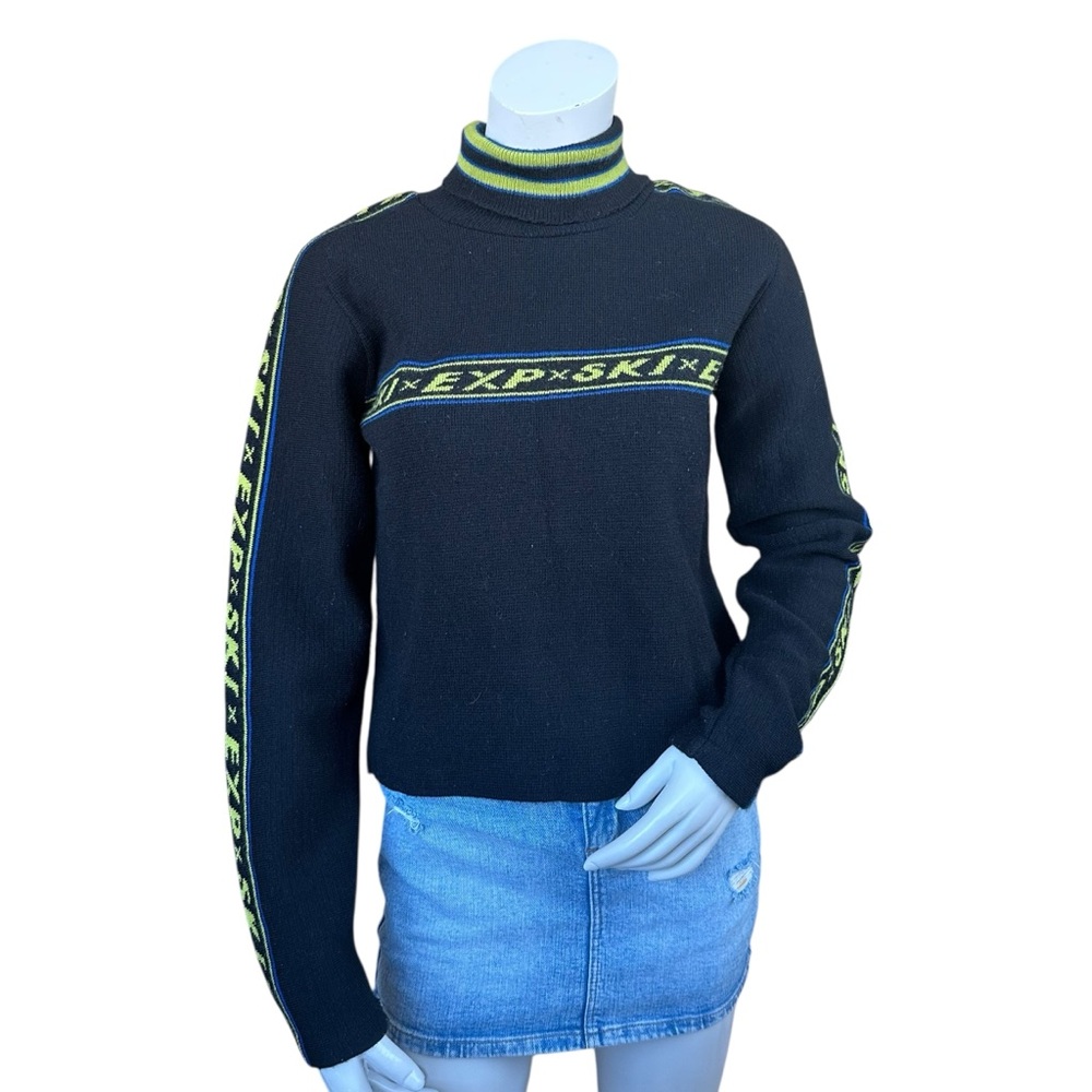 Vintage Y2K Express Ski Black Green Blue Sporty Cyber Turtleneck Sweater Large